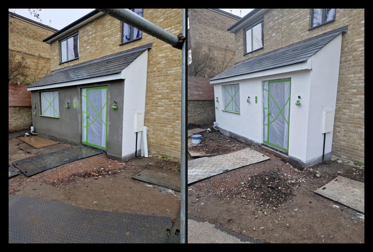 Garden annex before and after render finish