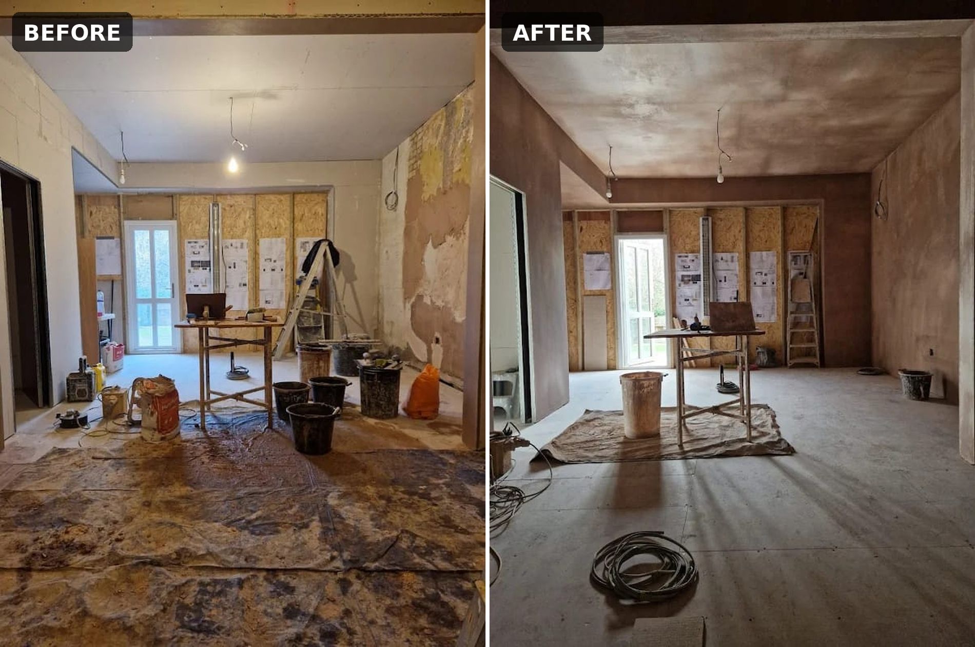 Open-plan room before and after plastering