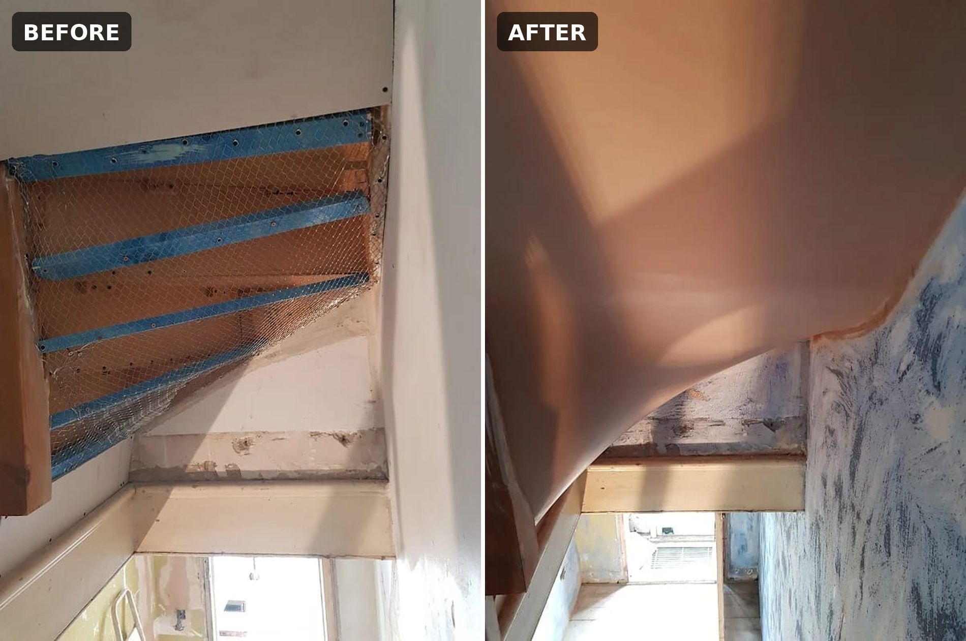 Staircase ceiling before and after plastering